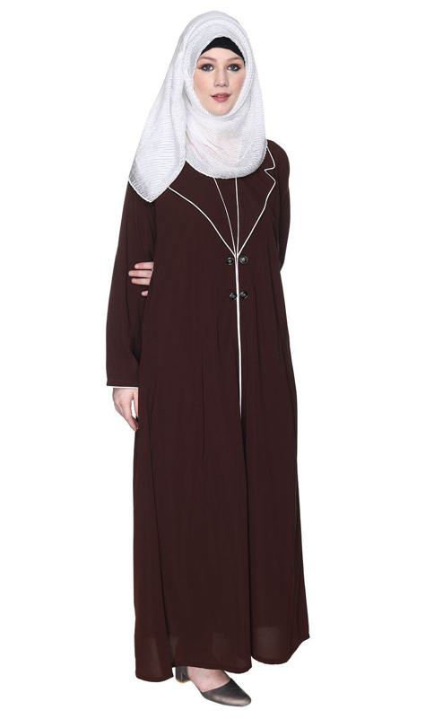 Stylish Brown Coat Style Abaya With White Piping