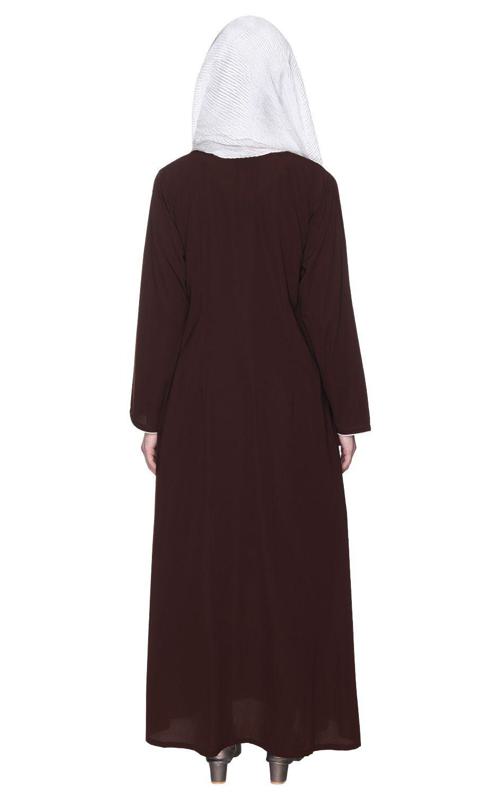Stylish Brown Coat Style Abaya With White Piping