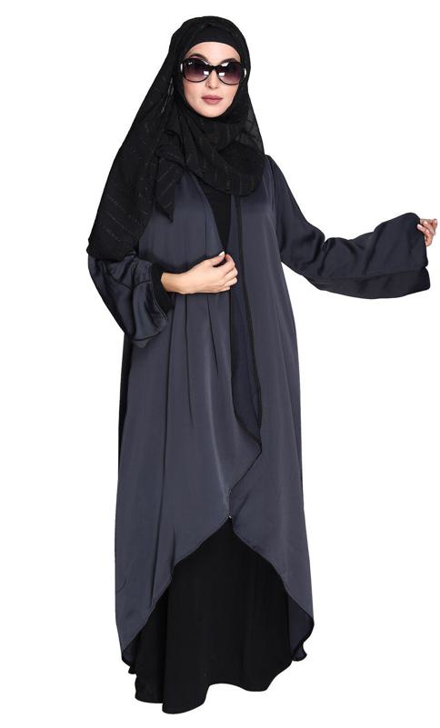 Stylish Dark Grey Shrug and Plain Black Abaya Set (Made-To-Order)