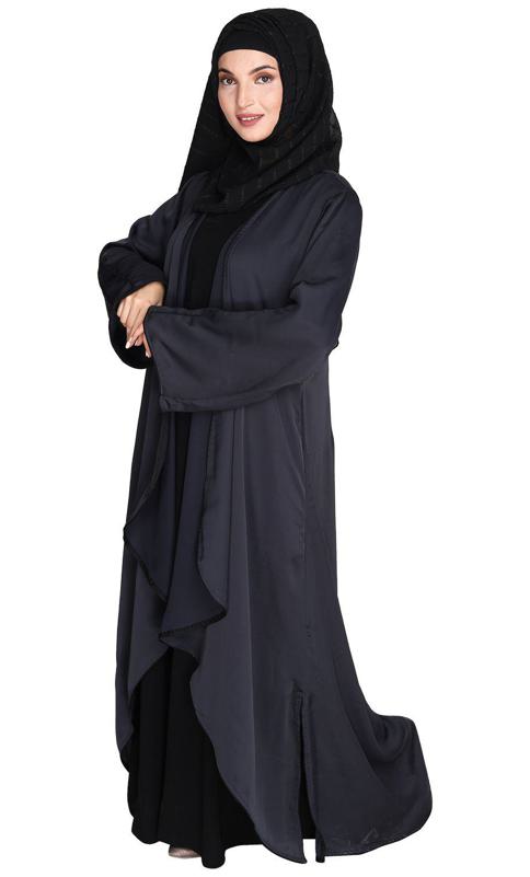 Stylish Dark Grey Shrug and Plain Black Abaya Set (Made-To-Order)