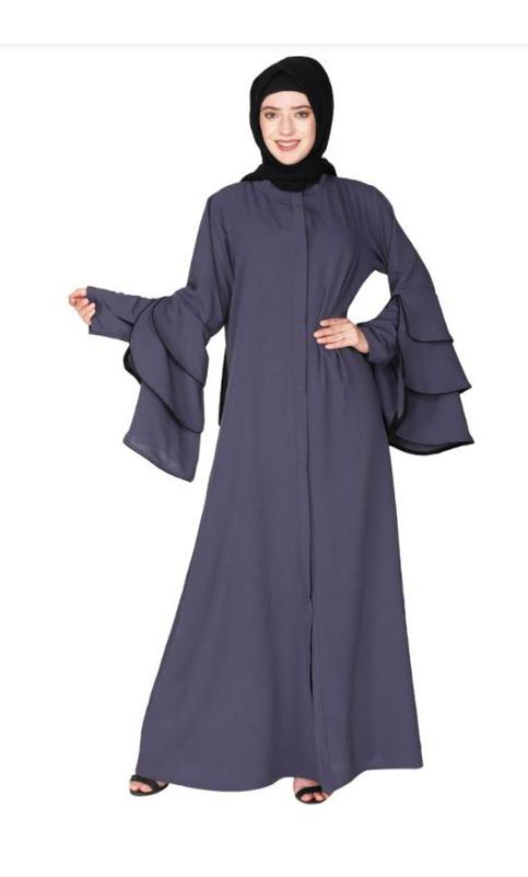Stylish Frill Sleeves Dark Grey Front Open Abaya