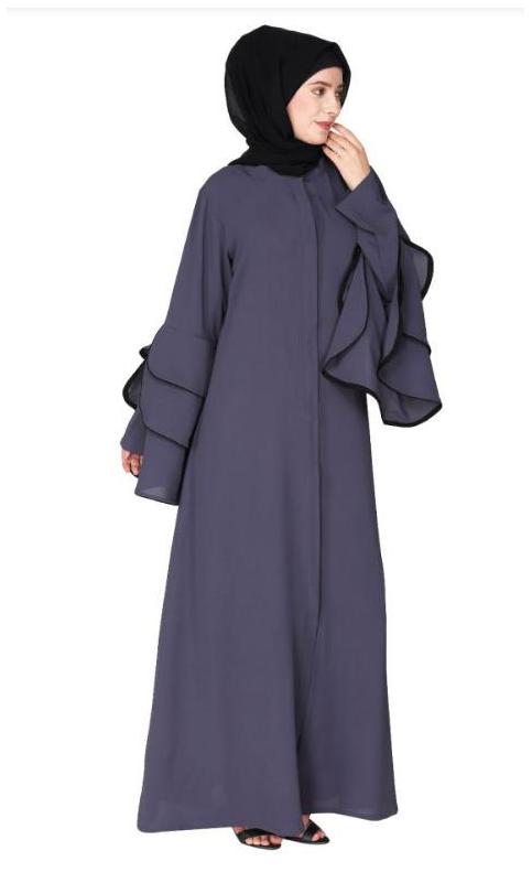 Stylish Frill Sleeves Dark Grey Front Open Abaya