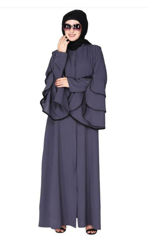 Stylish Frill Sleeves Dark Grey Front Open Abaya