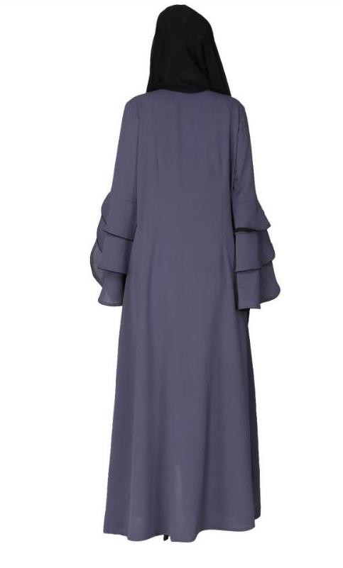 Stylish Frill Sleeves Dark Grey Front Open Abaya