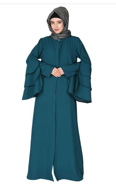 Stylish Frill Sleeves Teal Blue Front Open Abaya