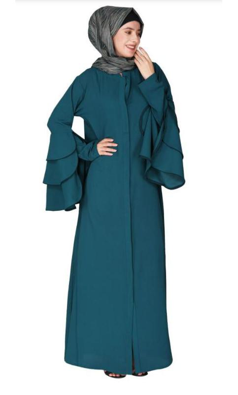 Stylish Frill Sleeves Teal Blue Front Open Abaya