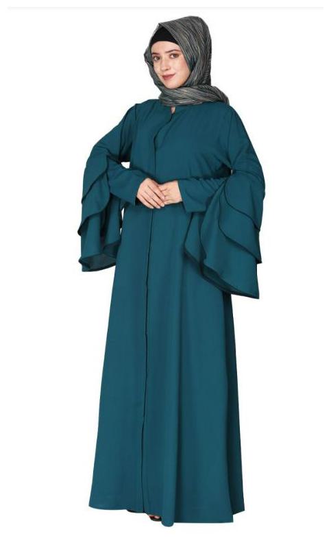 Stylish Frill Sleeves Teal Blue Front Open Abaya