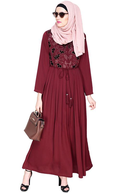 Sylvan Pleated Dubai Style Wine Abaya (Made-To-Order)