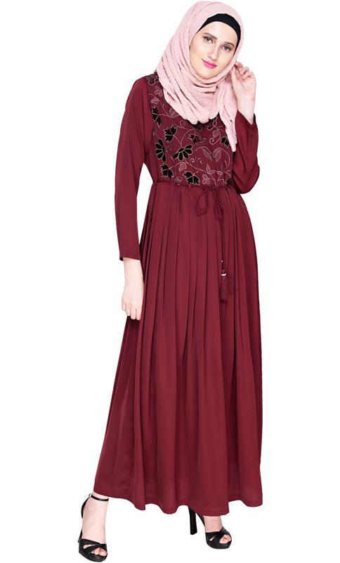 Sylvan Pleated Dubai Style Wine Abaya (Made-To-Order)