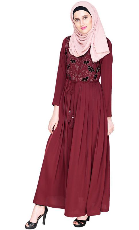 Sylvan Pleated Dubai Style Wine Abaya (Made-To-Order)