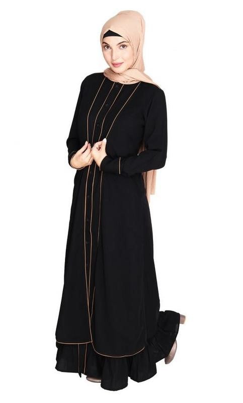 Two Panel Black Abaya with Beige Piping Design (Made-To-Order)