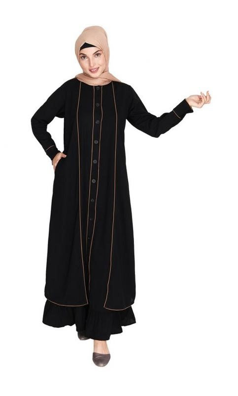 Two Panel Black Abaya with Beige Piping Design (Made-To-Order)