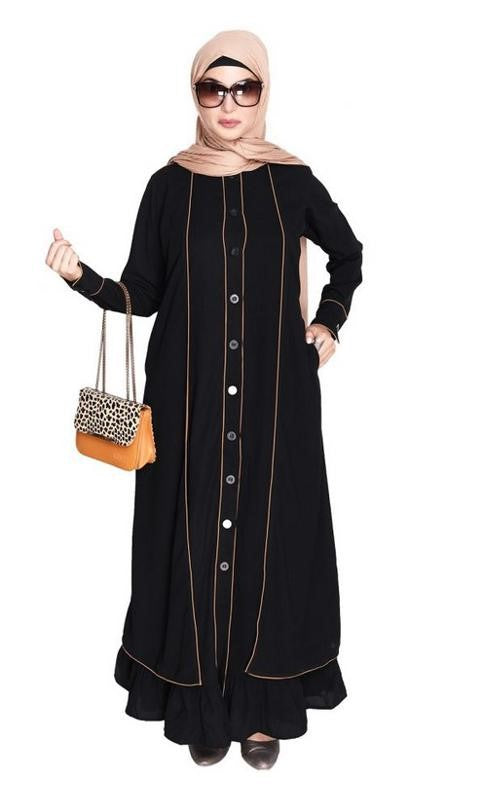Two Panel Black Abaya with Beige Piping Design (Made-To-Order)