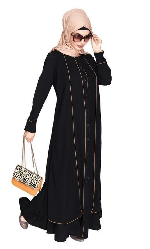 Two Panel Black Abaya with Beige Piping Design (Made-To-Order)