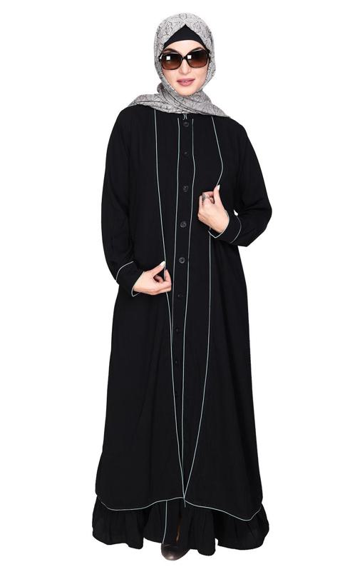 Two Panel Black Abaya with Sage Green Piping Design