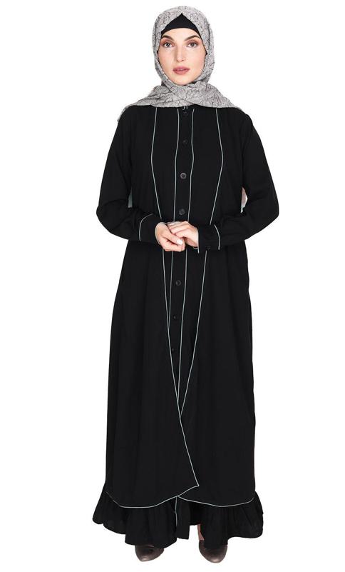 Two Panel Black Abaya with Sage Green Piping Design