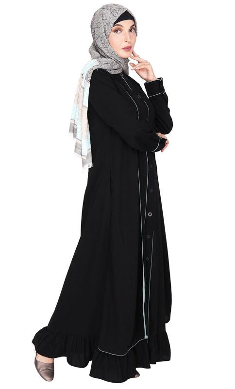 Two Panel Black Abaya with Sage Green Piping Design