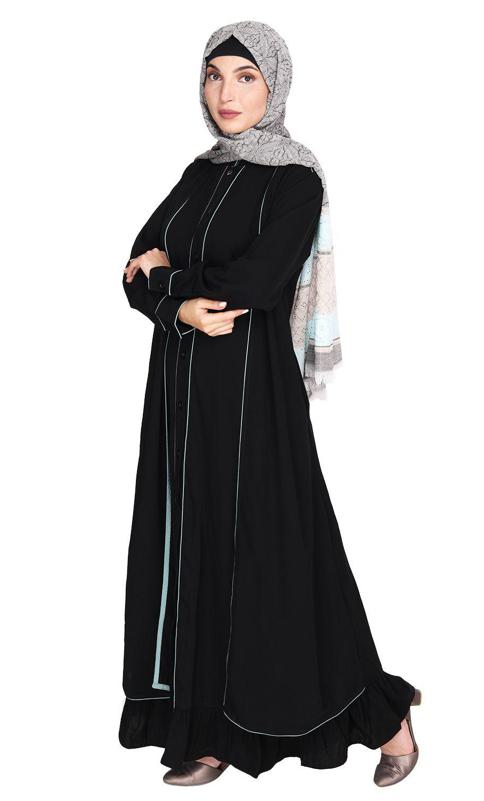 Two Panel Black Abaya with Sage Green Piping Design