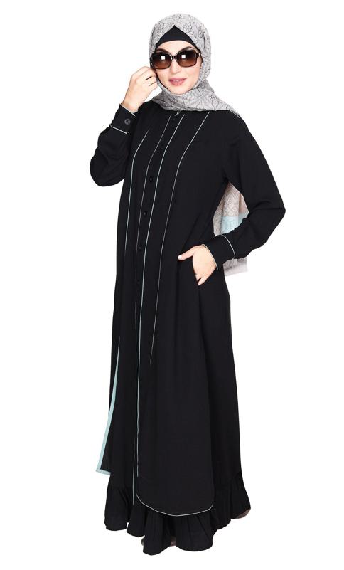 Two Panel Black Abaya with Sage Green Piping Design