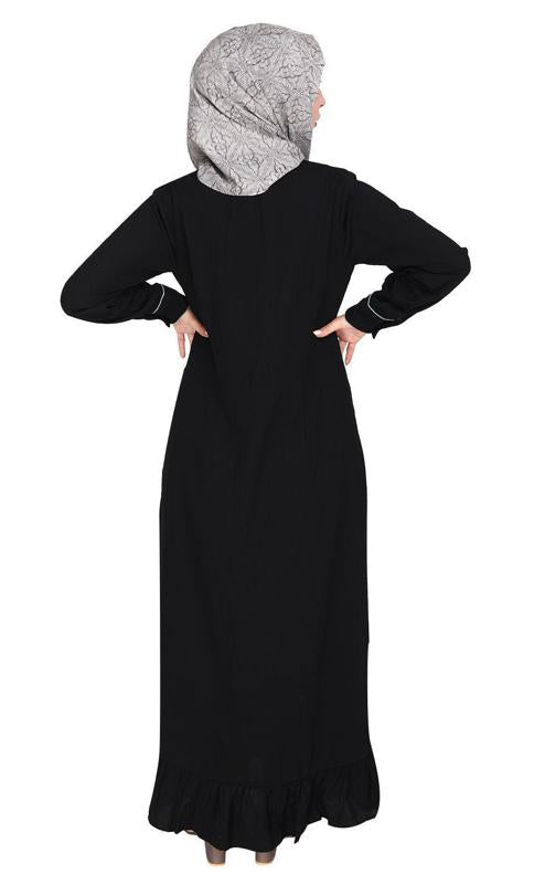 Two Panel Black Abaya with Sage Green Piping Design