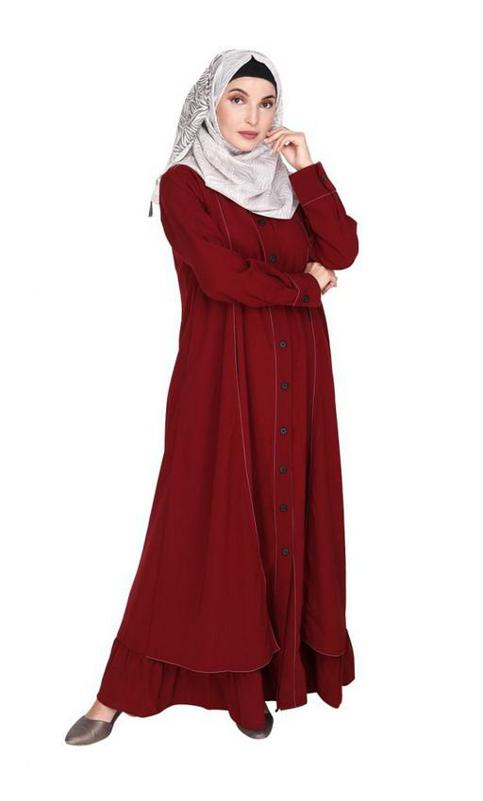 Two Panel Maroon Abaya with Onion Pink Piping Design (Made-To-Order)