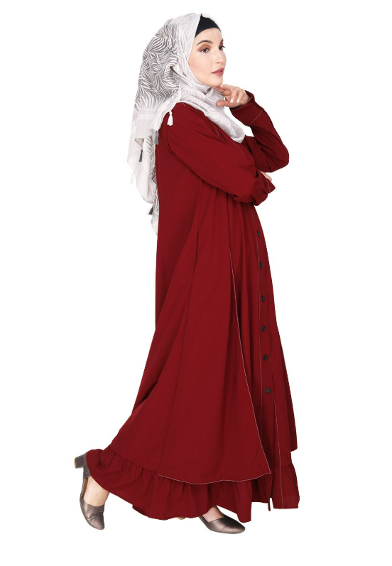 Two Panel Maroon Abaya with Onion Pink Piping Design (Made-To-Order)
