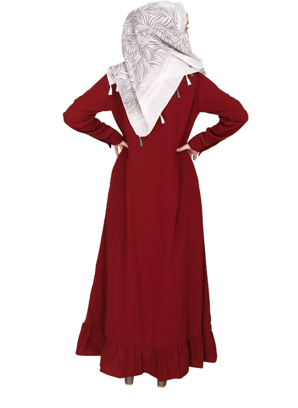 Two Panel Maroon Abaya with Onion Pink Piping Design (Made-To-Order)