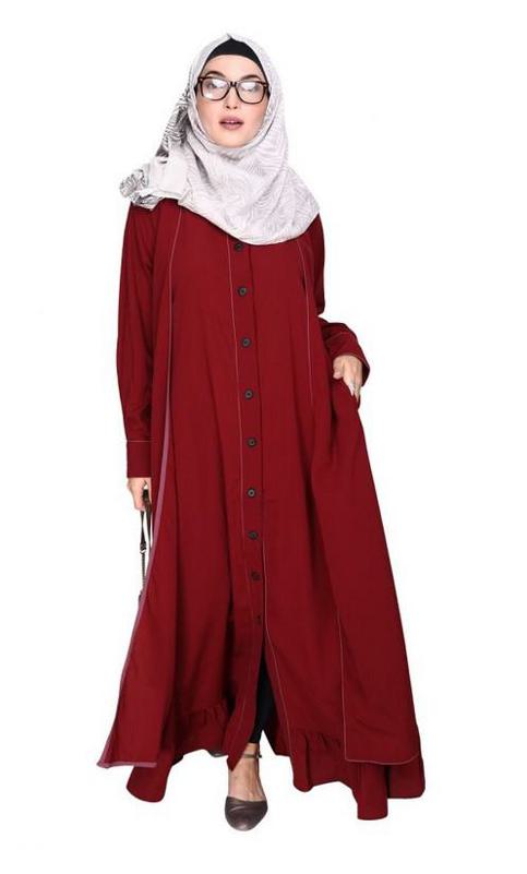 Two Panel Maroon Abaya with Onion Pink Piping Design (Made-To-Order)