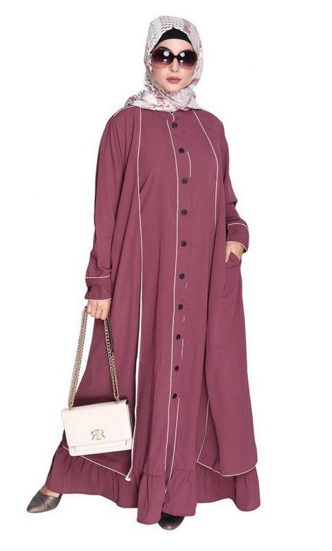 Two Panel Onion Pink Abaya with Beige Piping Design