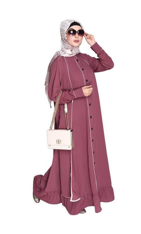 Two Panel Onion Pink Abaya with Beige Piping Design