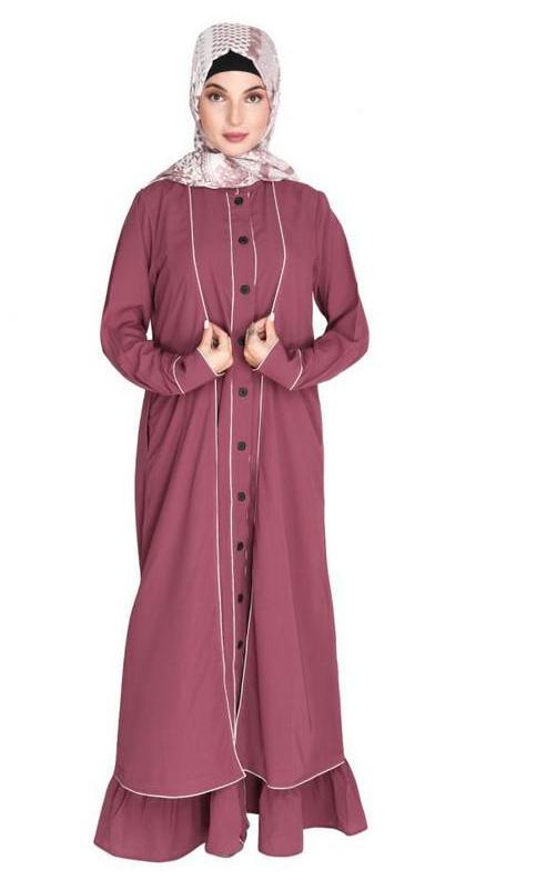 Two Panel Onion Pink Abaya with Beige Piping Design