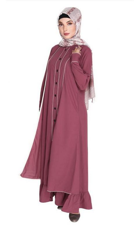 Two Panel Onion Pink Abaya with Beige Piping Design