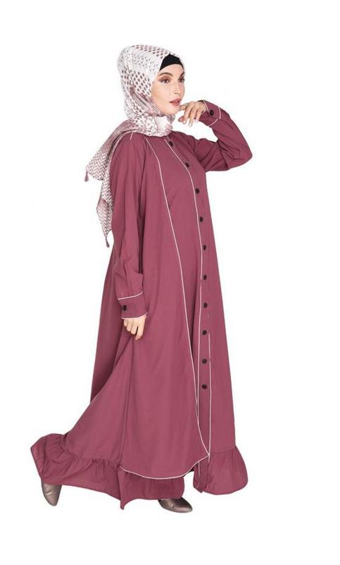 Two Panel Onion Pink Abaya with Beige Piping Design