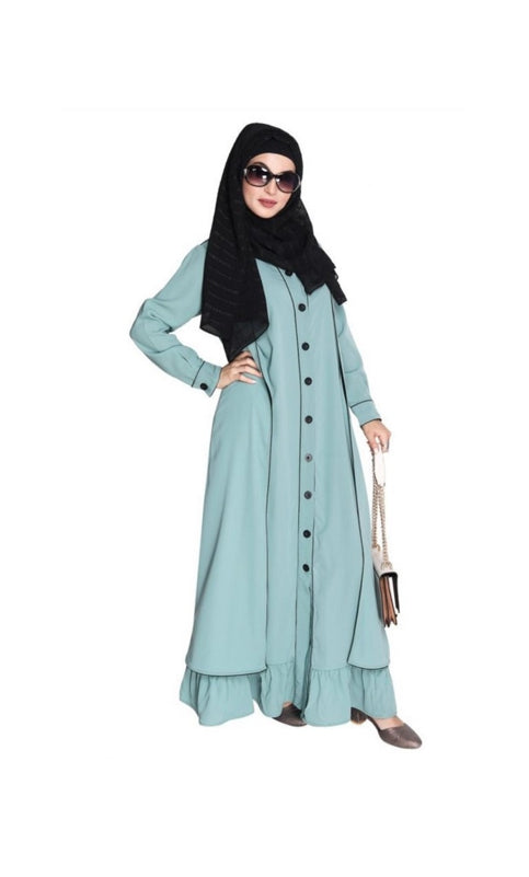 Two Panel Sage Green Abaya with Black Piping Design