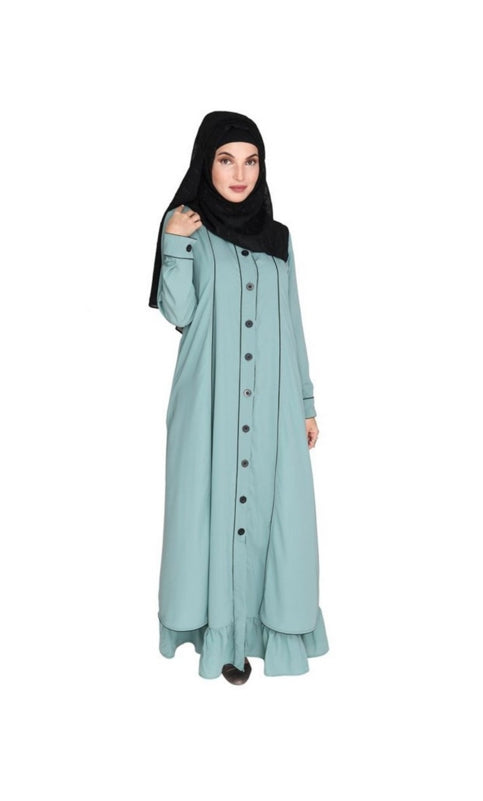 Two Panel Sage Green Abaya with Black Piping Design