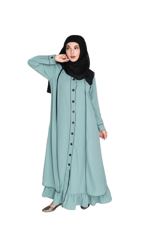 Two Panel Sage Green Abaya with Black Piping Design