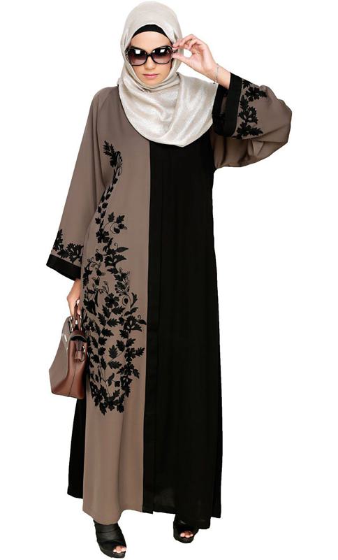 Wanderlust Mud Brown Black Embroidery Dubai Style Abaya