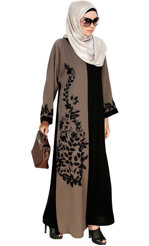 Wanderlust Mud Brown Black Embroidery Dubai Style Abaya