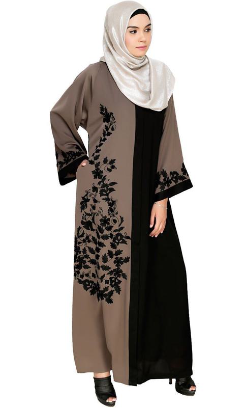 Wanderlust Mud Brown Black Embroidery Dubai Style Abaya