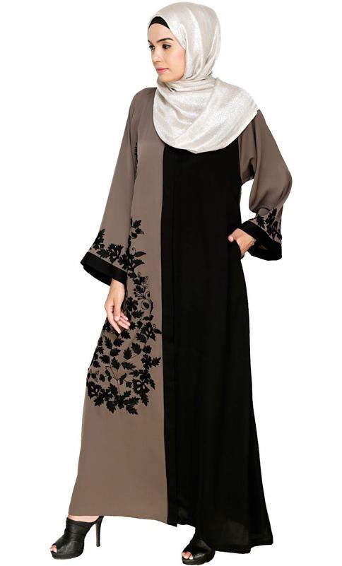 Wanderlust Mud Brown Black Embroidery Dubai Style Abaya