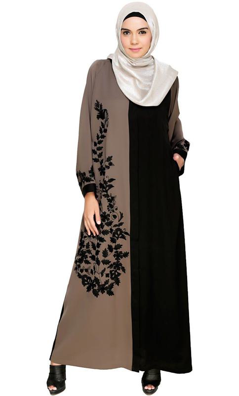 Wanderlust Mud Brown Black Embroidery Dubai Style Abaya
