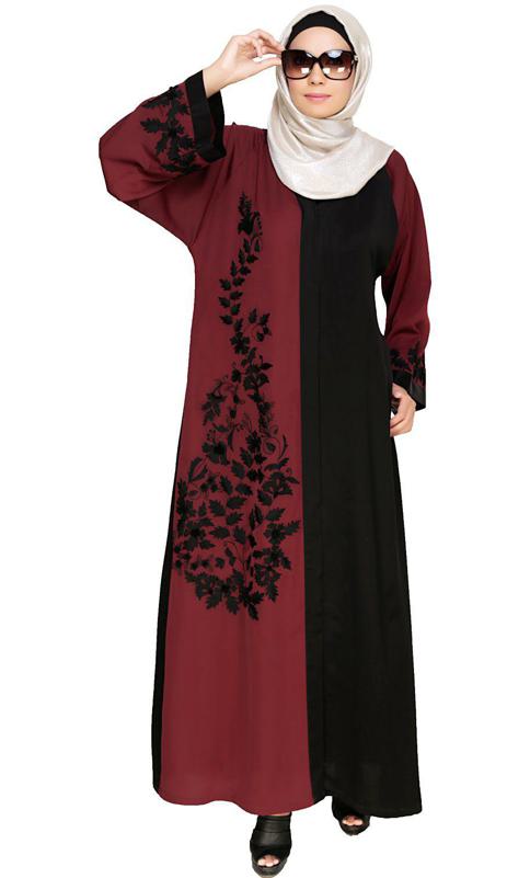 Wanderlust Wine Black Embroidery Dubai Style Abaya (Made-To-Order)