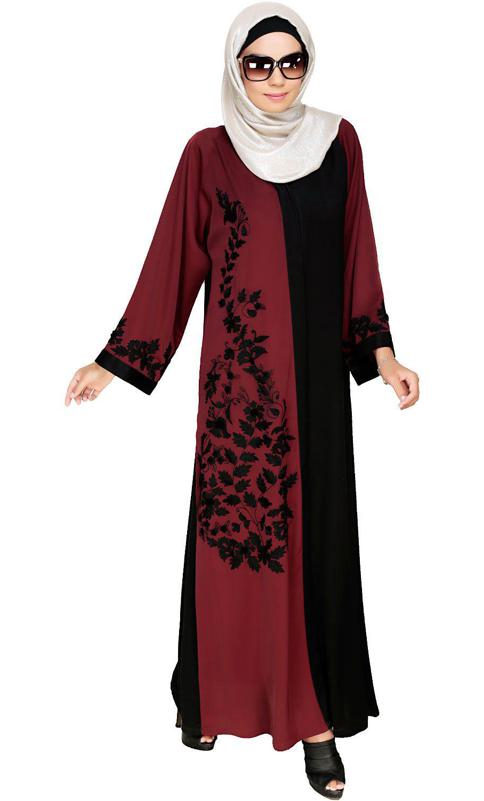 Wanderlust Wine Black Embroidery Dubai Style Abaya (Made-To-Order)