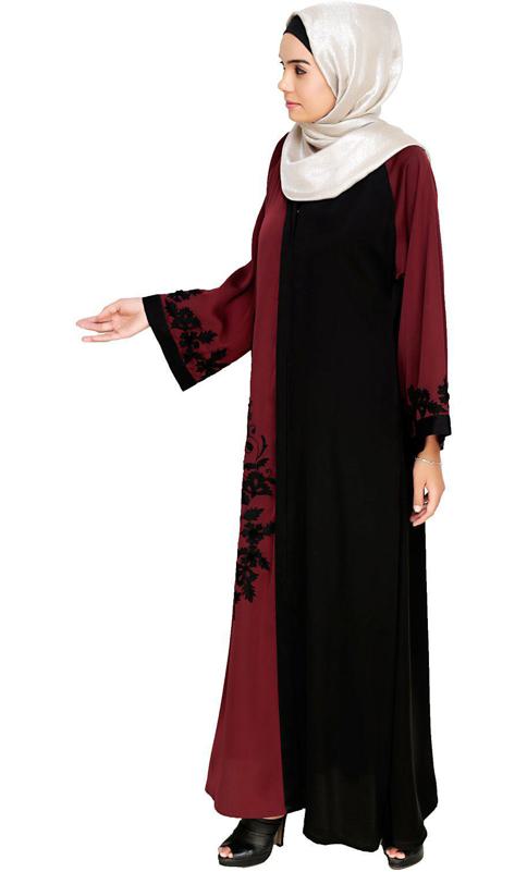 Wanderlust Wine Black Embroidery Dubai Style Abaya (Made-To-Order)