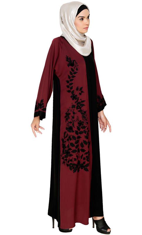 Wanderlust Wine Black Embroidery Dubai Style Abaya (Made-To-Order)
