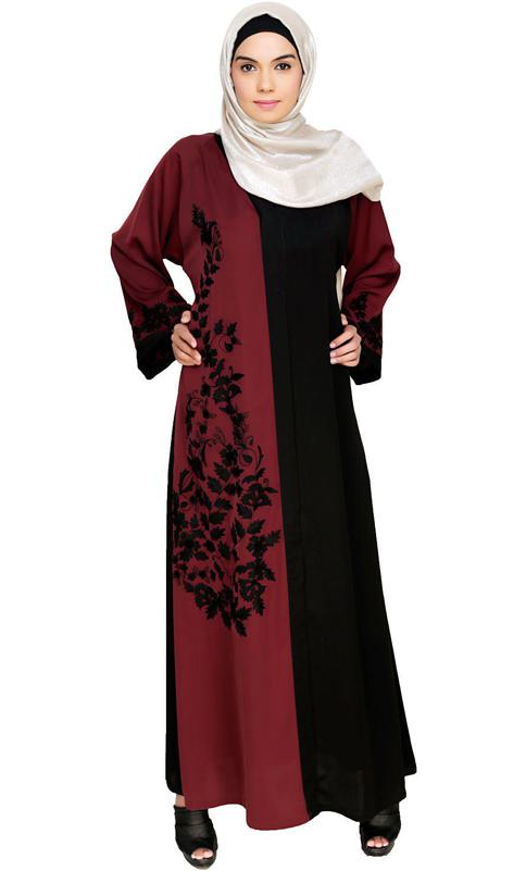 Wanderlust Wine Black Embroidery Dubai Style Abaya (Made-To-Order)