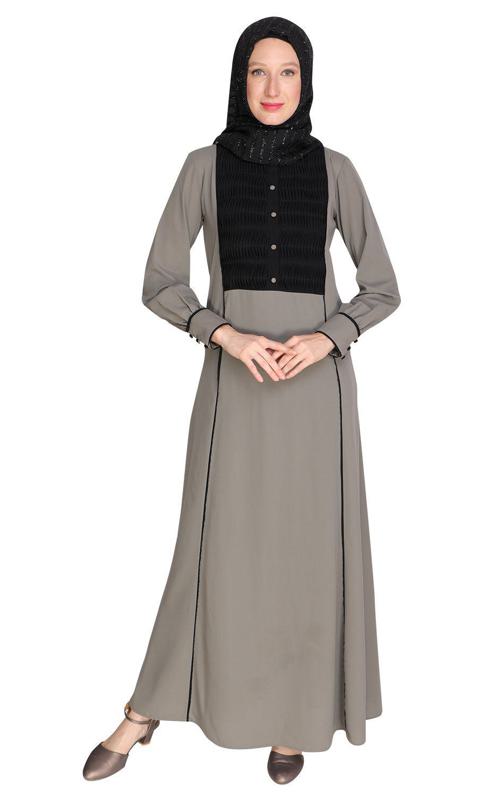Wavetucks Yoke Grey Abaya (Made-To-Order)