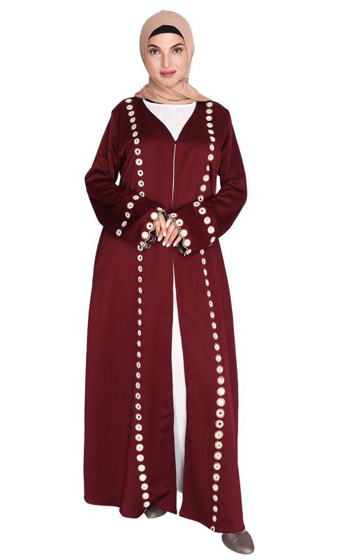 Wine Jacket Style Abaya with Exquisite Mirror Work (Made-To-Order)