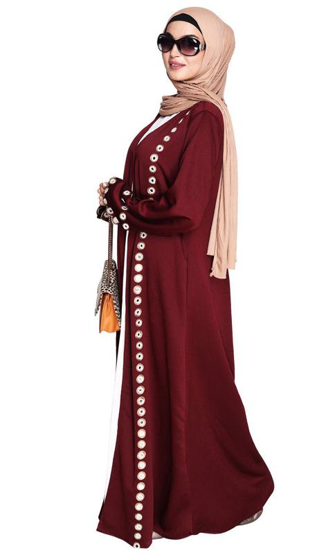 Wine Jacket Style Abaya with Exquisite Mirror Work (Made-To-Order)