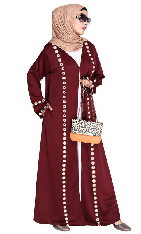 Wine Jacket Style Abaya with Exquisite Mirror Work (Made-To-Order)